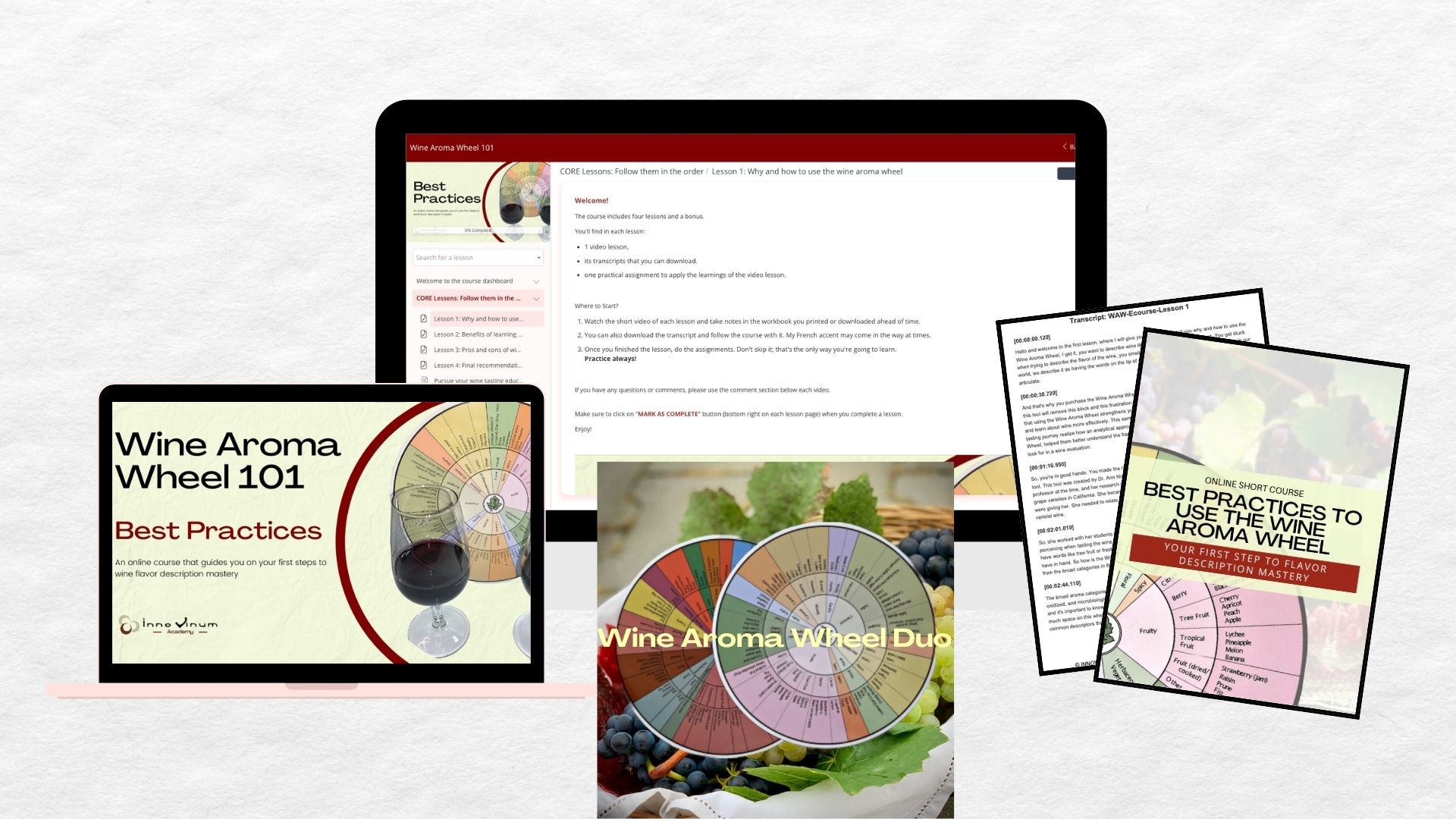 An image showing the content offered in the Wine Aroma Wheel Duo Bundle. A great way to learn how to use the wine aroma wheel.