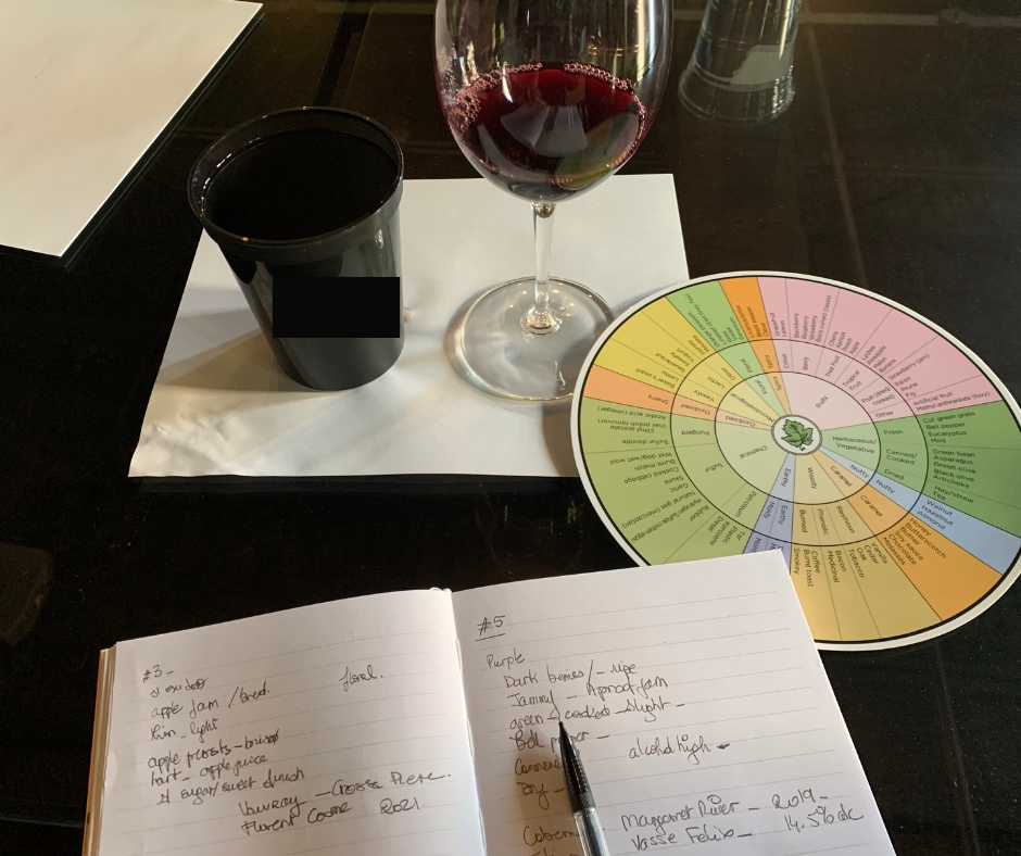 The image shows the wine aroma wheel used during a wine tasting beside a notebook, a glass of red wine, and a spittoon.