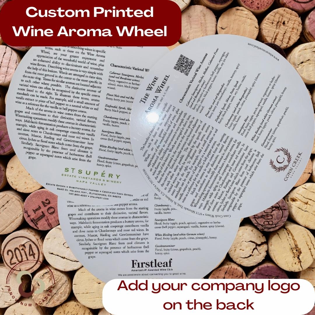 3 branded wine aroma wheel displayed on a cork background
