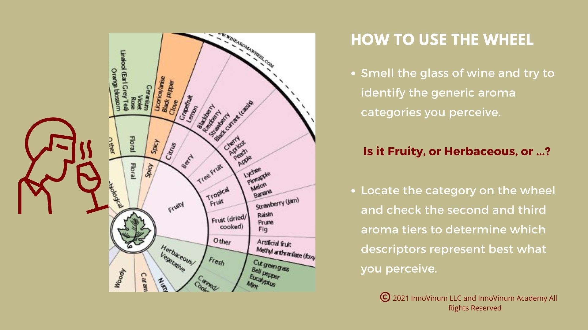 A figure showing how to use the wine aroma wheel by smelling the glass of wine and looking at the aroma categories on the wheel.